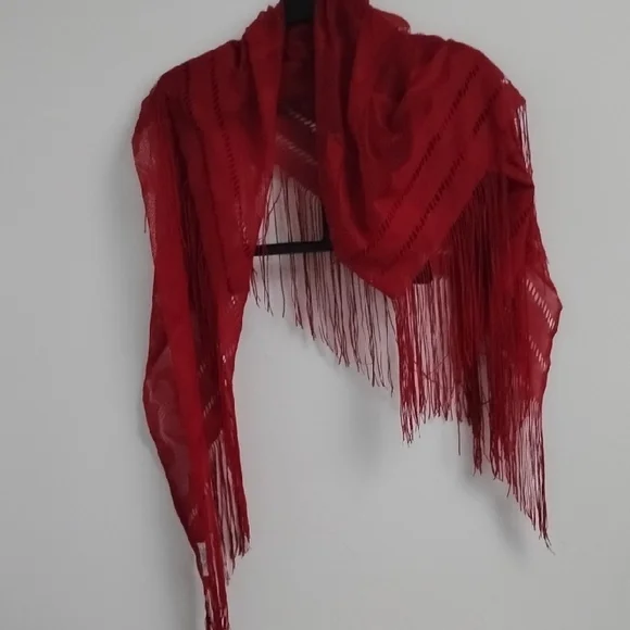 Vintage Elegant Romantic Boho Cottagecore Coquette Red Floral Lace Fringe Shawl - Picture 12 of 12